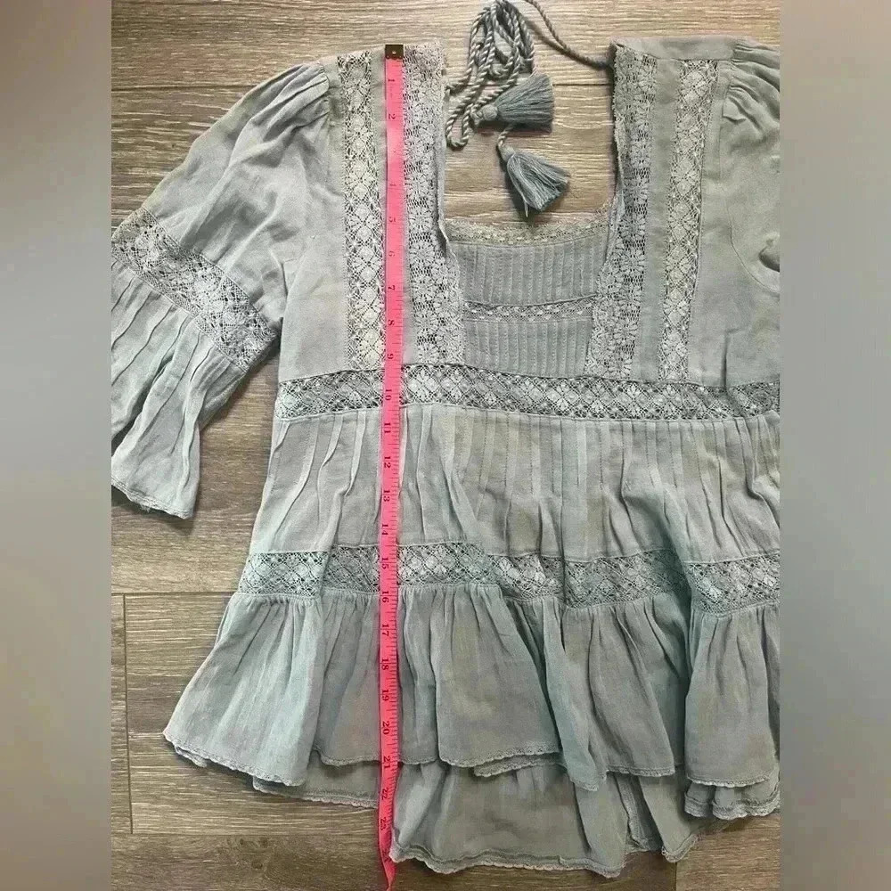 Free People Light Blue Peasant Top with Lace Accents and Tassel Tie Size XS - Picture 8 of 8